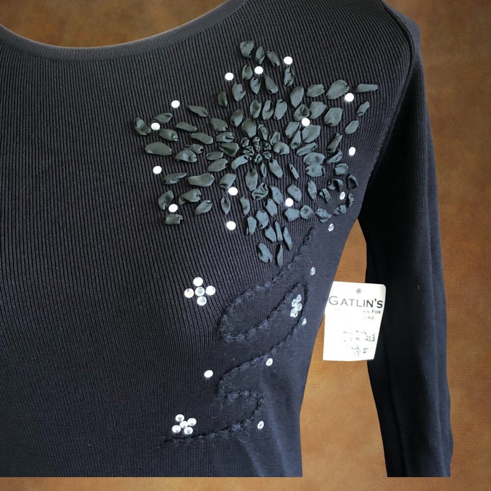 Romantic Knit Black Medium Top – Beaded Floral Sequin Detail, 3/4 Sleeve